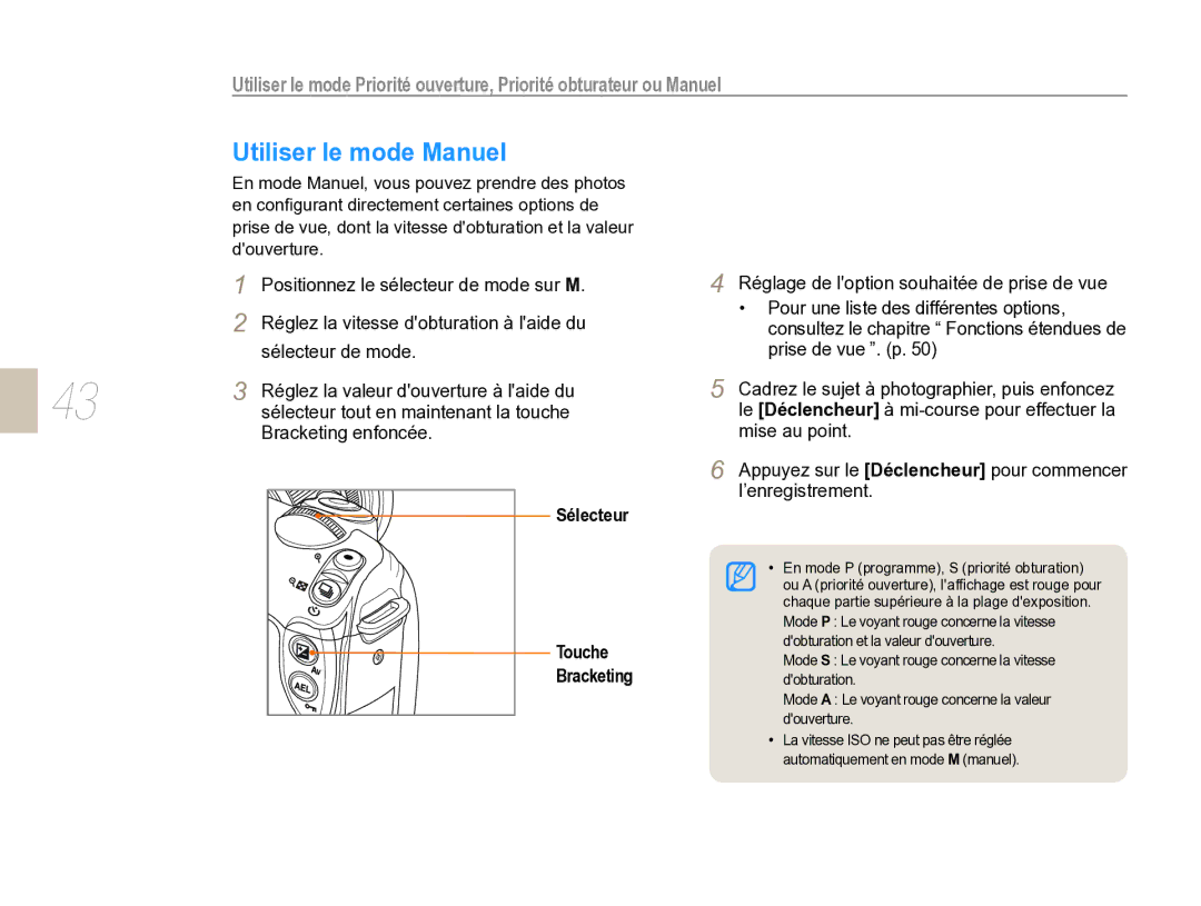 Samsung EV-NX5ZZZBABFR manual Utiliser le mode Manuel, Touche 