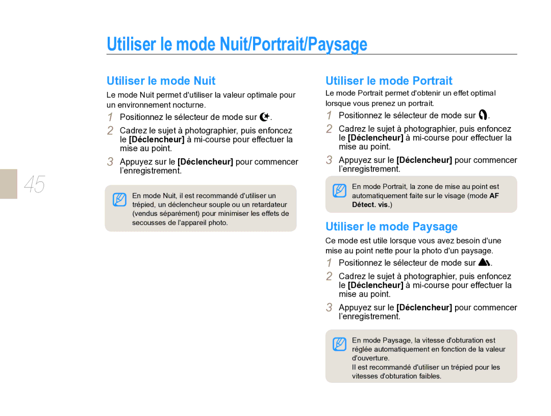 Samsung EV-NX5ZZZBABFR manual Utiliser le mode Nuit/Portrait/Paysage, Utiliser le mode Portrait, Utiliser le mode Paysage 