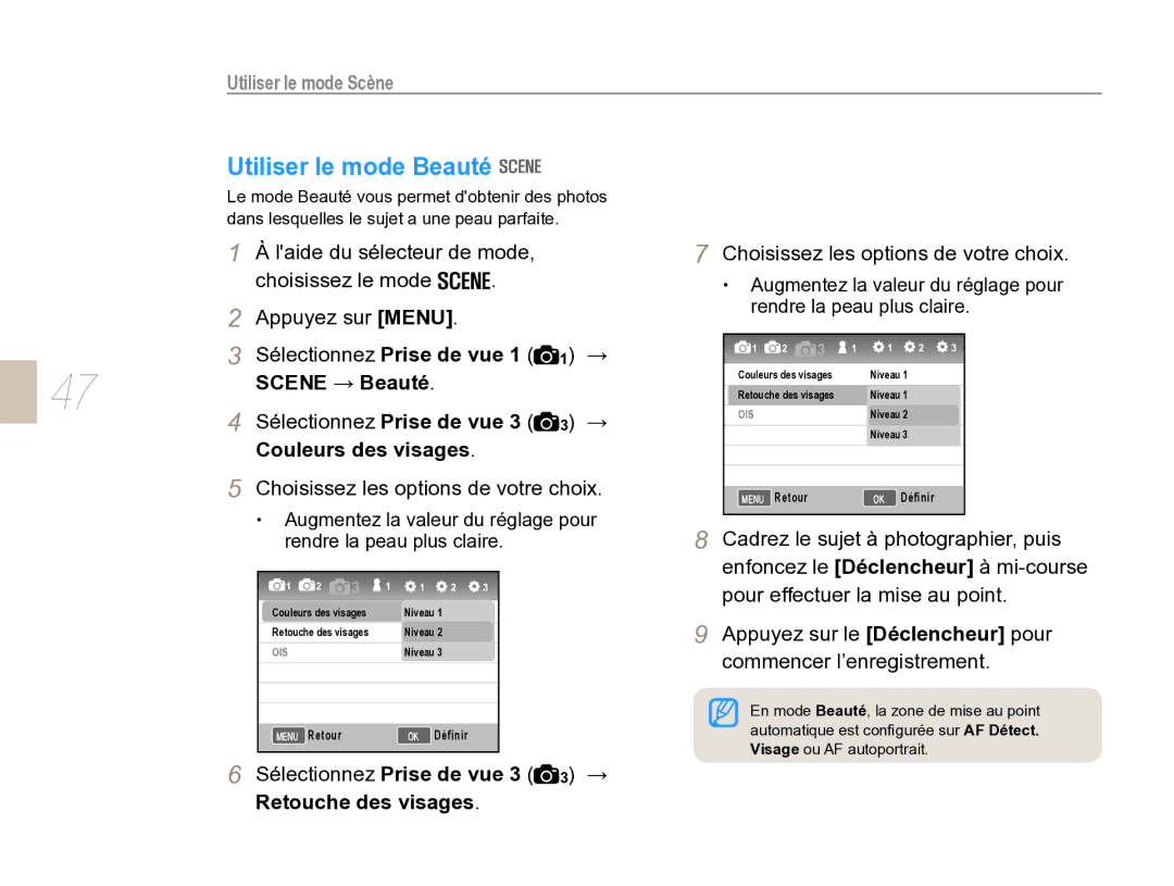 Samsung EV-NX5ZZZBABFR Utiliser le mode Beauté, Utiliser le mode Scène, Couleurs des visages, Rendre la peau plus claire 