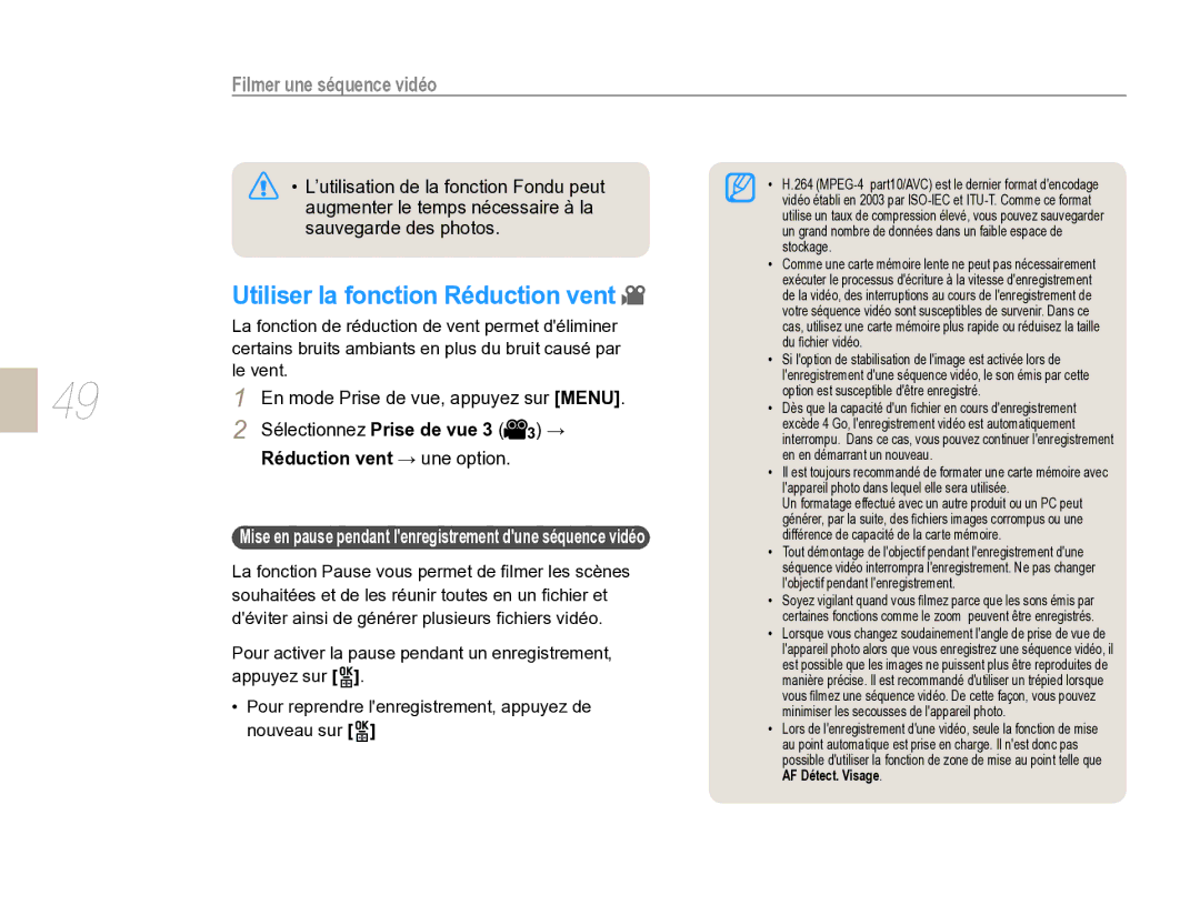 Samsung EV-NX5ZZZBABFR Utiliser la fonction Réduction vent, Filmer une séquence vidéo, Sélectionnez Prise de vue 3 3 → 