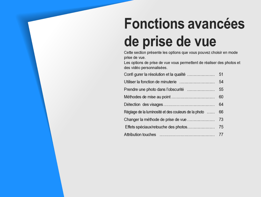 Samsung EV-NX5ZZZBABFR manual Fonctions avancées de prise de vue, Attribution touches …………………………………… 