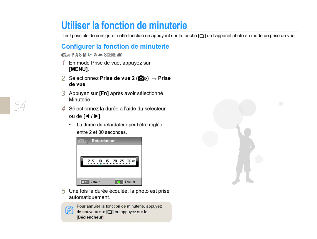 Samsung EV-NX5ZZZBABFR manual Utiliser la fonction de minuterie, Conﬁgurer la fonction de minuterie, De vue 