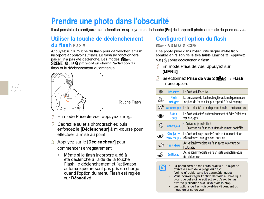 Samsung EV-NX5ZZZBABFR manual Prendre une photo dans lobscurité, Utiliser la touche de déclenchement du ﬂash, → une option 