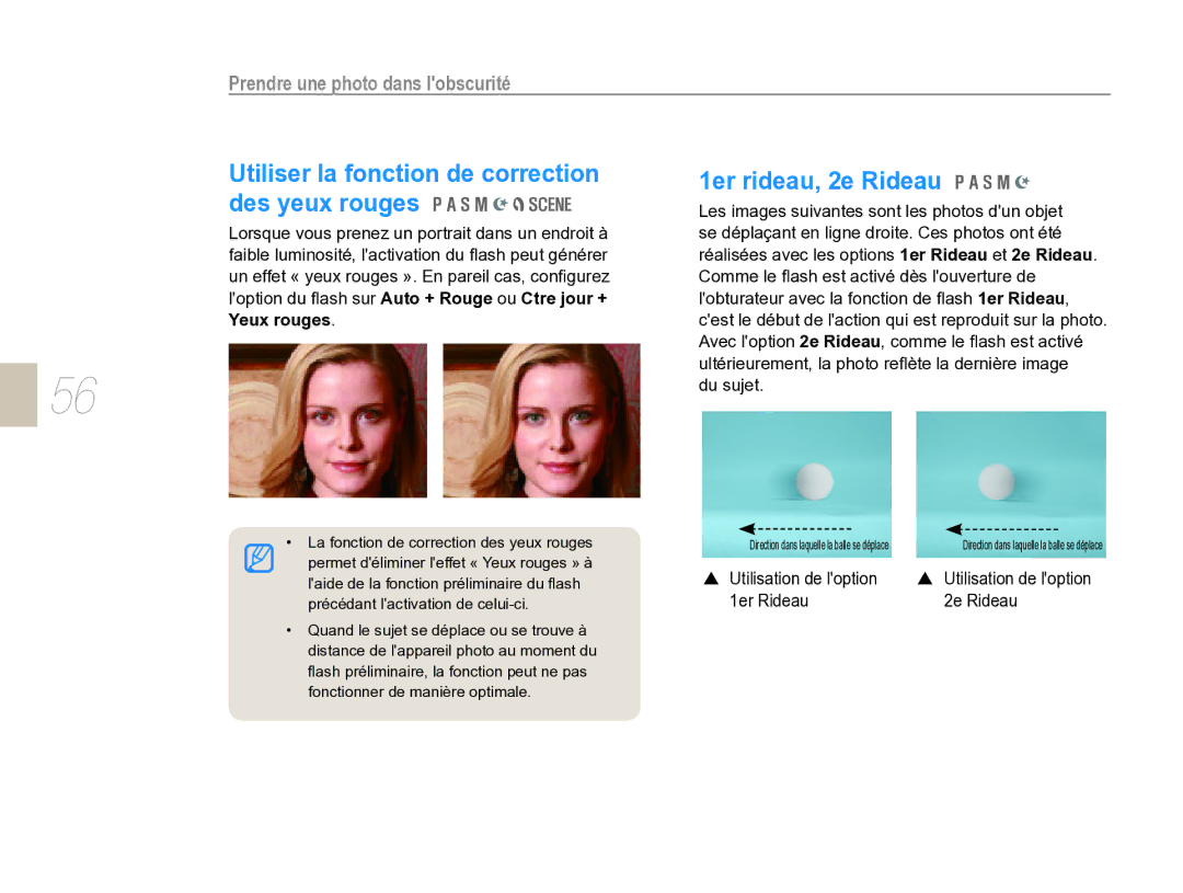Samsung EV-NX5ZZZBABFR manual 1er rideau, 2e Rideau, Prendre une photo dans lobscurité, Du sujet, Utilisation de loption 