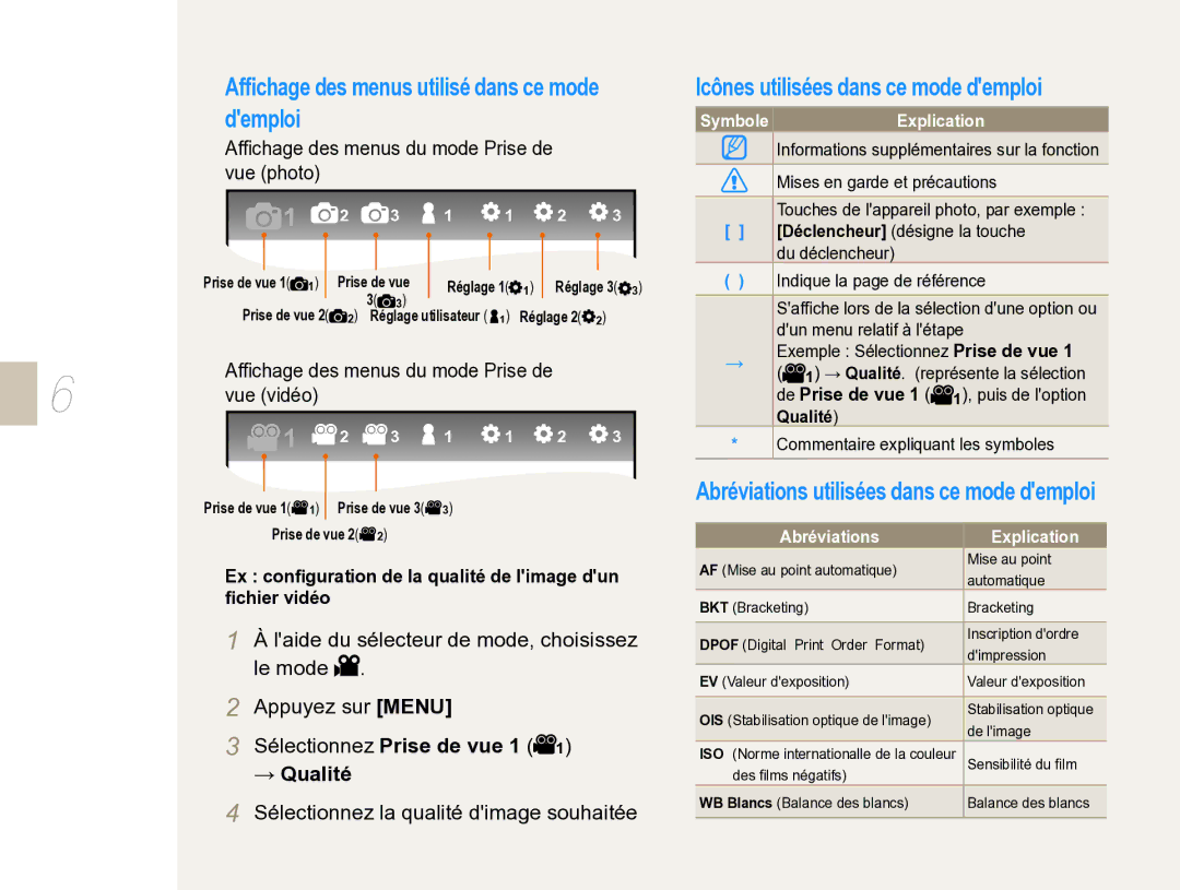 Samsung EV-NX5ZZZBABFR Afﬁchage des menus utilisé dans ce mode demploi, Icônes utilisées dans ce mode demploi, → Qualité 