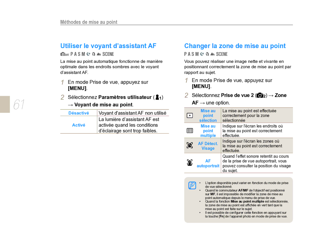 Samsung EV-NX5ZZZBABFR Utiliser le voyant d’assistant AF, Changer la zone de mise au point, Méthodes de mise au point 