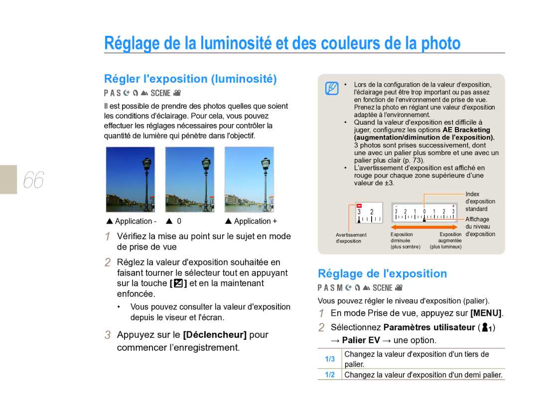 Samsung EV-NX5ZZZBABFR manual Réglage de la luminosité et des couleurs de la photo, Régler lexposition luminosité 