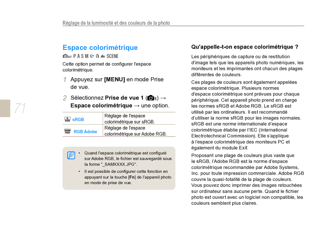 Samsung EV-NX5ZZZBABFR Quappelle-t-on espace colorimétrique ?, Espace colorimétrique → une option, Srgb, RGB Adobe 