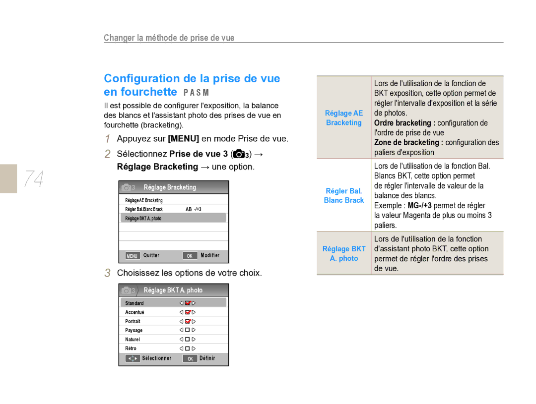 Samsung EV-NX5ZZZBABFR manual Conﬁguration de la prise de vue, En fourchette, Changer la méthode de prise de vue 