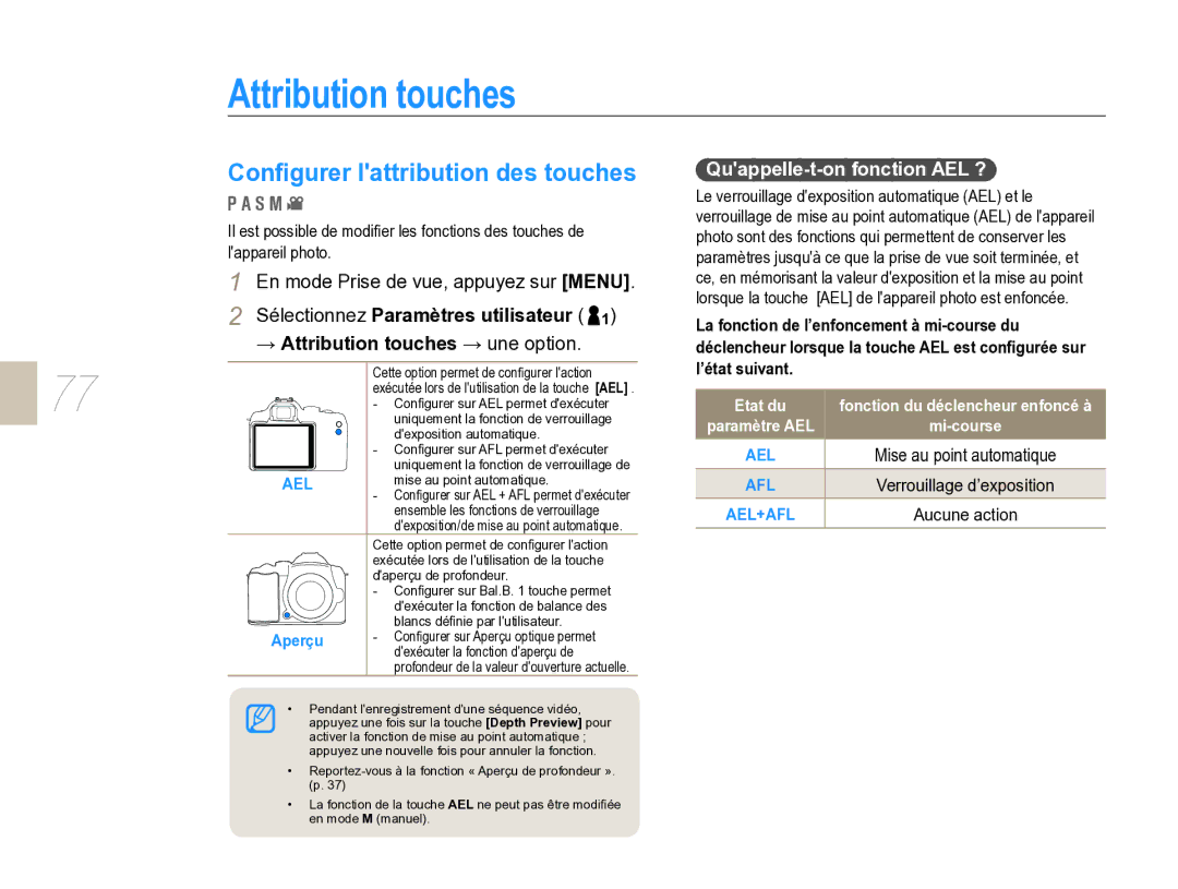 Samsung EV-NX5ZZZBABFR manual Attribution touches, Conﬁgurer lattribution des touches, Quappelle-t-on fonction AEL ? 