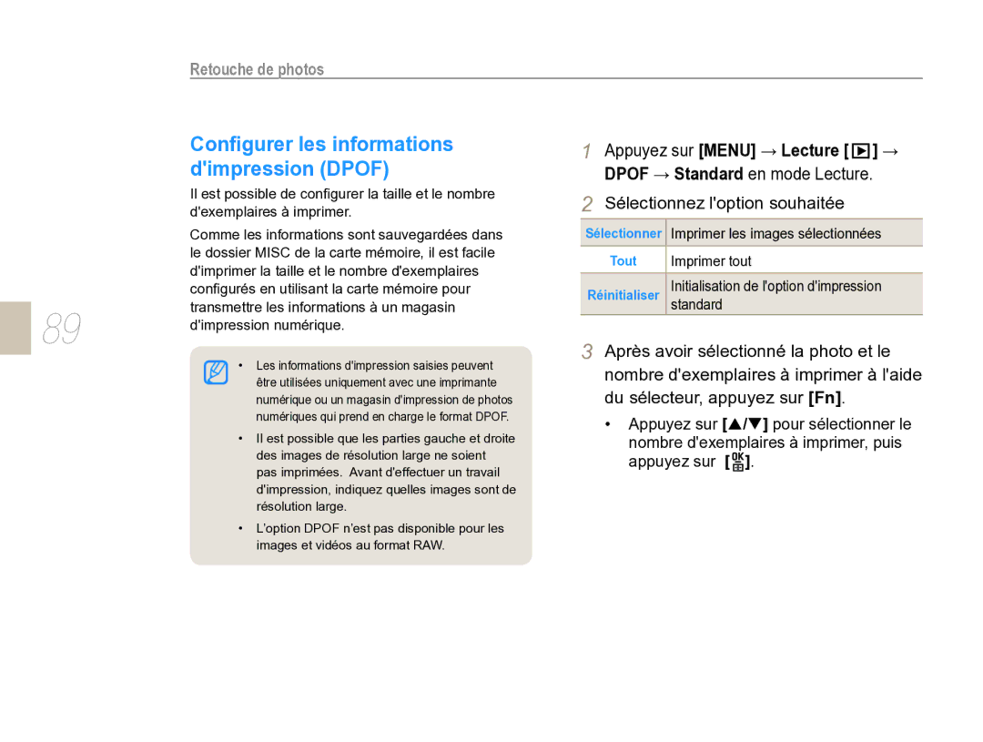 Samsung EV-NX5ZZZBABFR manual Conﬁgurer les informations, Dimpression Dpof, Sélectionnez loption souhaitée 