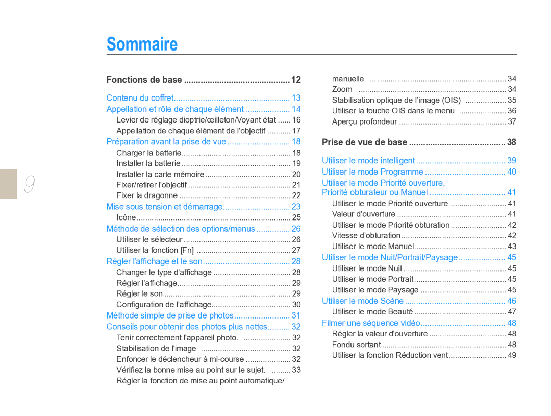 Samsung EV-NX5ZZZBABFR manual Sommaire, Fonctions de base 