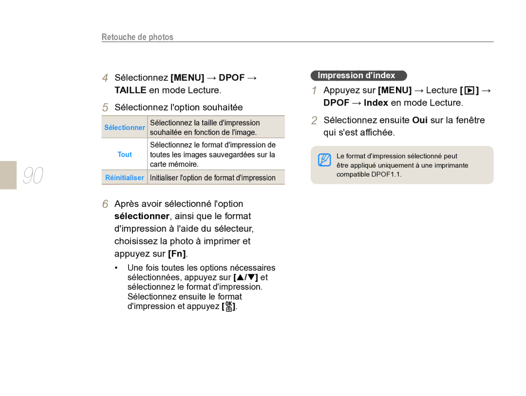 Samsung EV-NX5ZZZBABFR Sélectionnez Menu → Dpof →, Appuyez sur Menu → Lecture →, Taille en mode Lecture, Impression dindex 