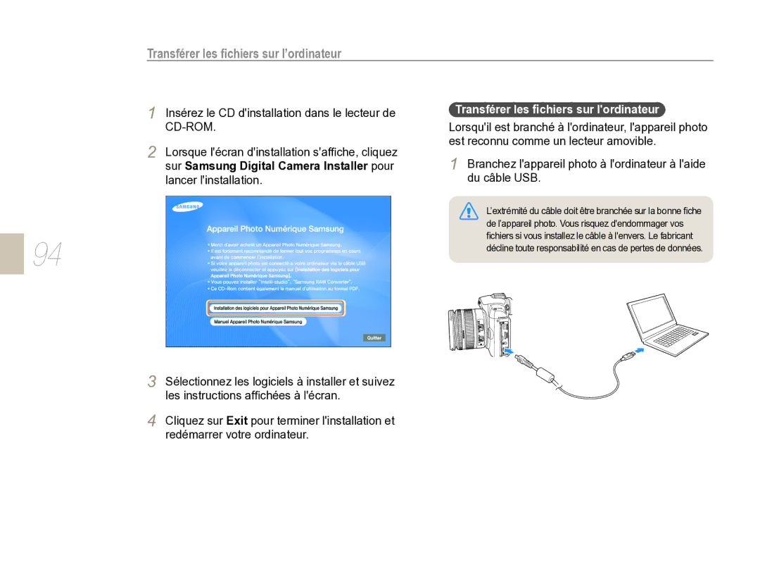 Samsung EV-NX5ZZZBABFR manual Transférer les ﬁchiers sur l’ordinateur, Transférer les ﬁchiers sur lordinateur 