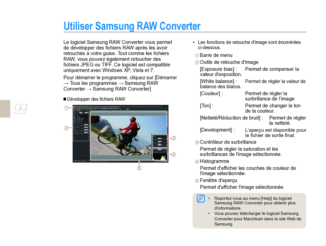 Samsung EV-NX5ZZZBABFR manual 99 ①, Utiliser Samsung RAW Converter 