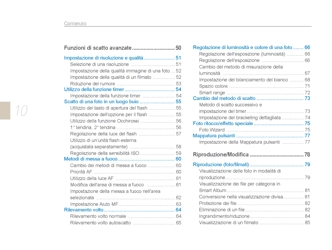 Samsung EV-NX5ZZZBABIT manual Contenuto, Funzioni di scatto avanzate 