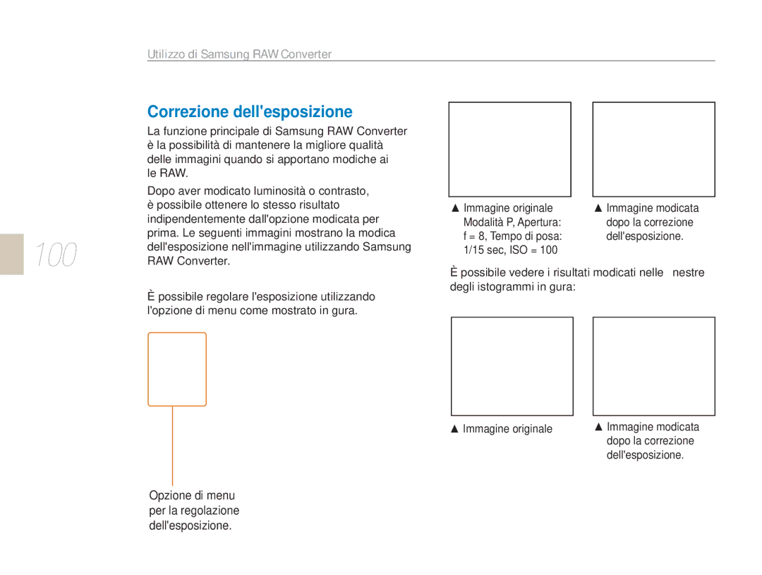 Samsung EV-NX5ZZZBABIT manual 100, Correzione dellesposizione, Utilizzo di Samsung RAW Converter 