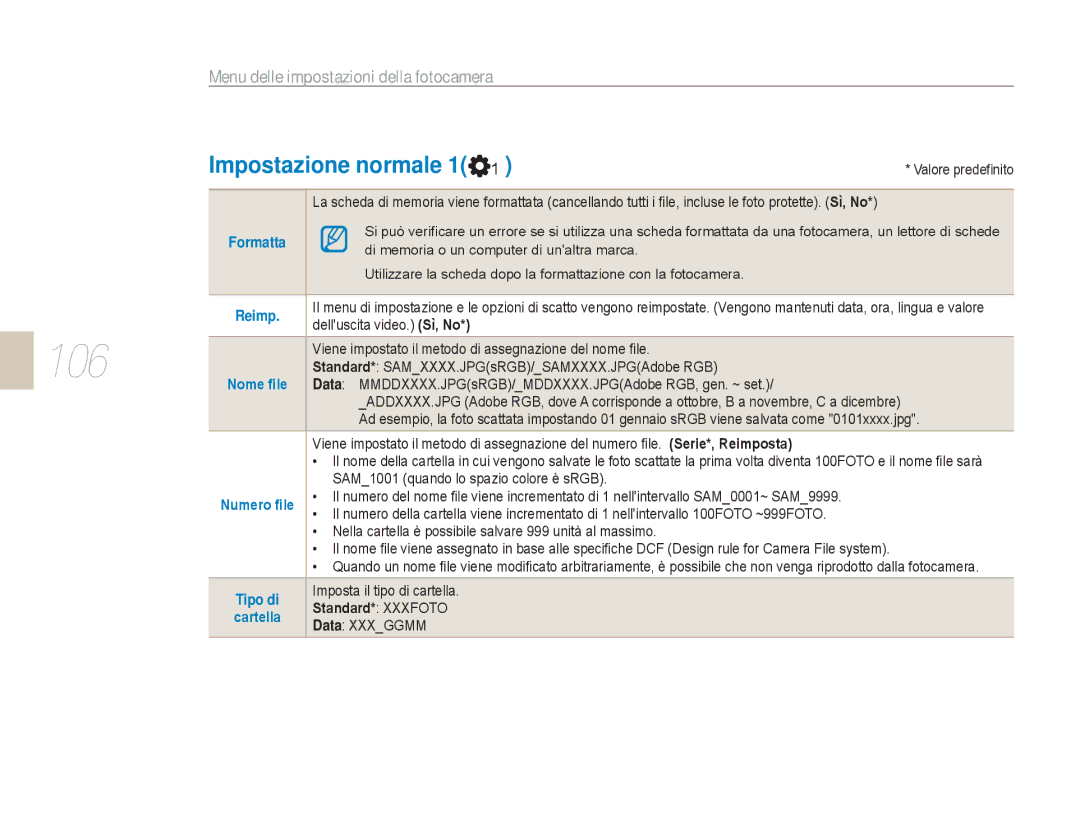 Samsung EV-NX5ZZZBABIT manual 106, Impostazione normale 1, Standard* Xxxfoto 