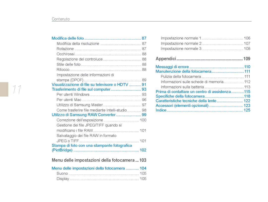 Samsung EV-NX5ZZZBABIT manual Menu delle impostazioni della fotocamera 103 