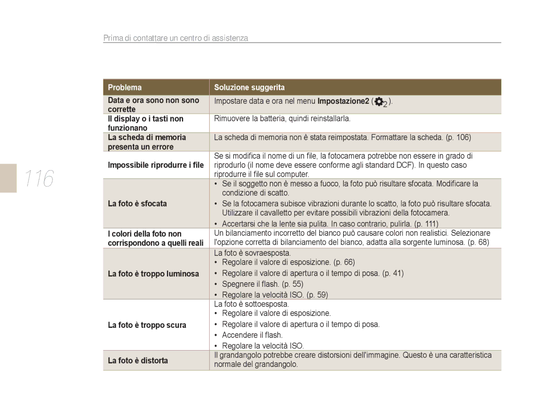 Samsung EV-NX5ZZZBABIT manual 116, Prima di contattare un centro di assistenza 