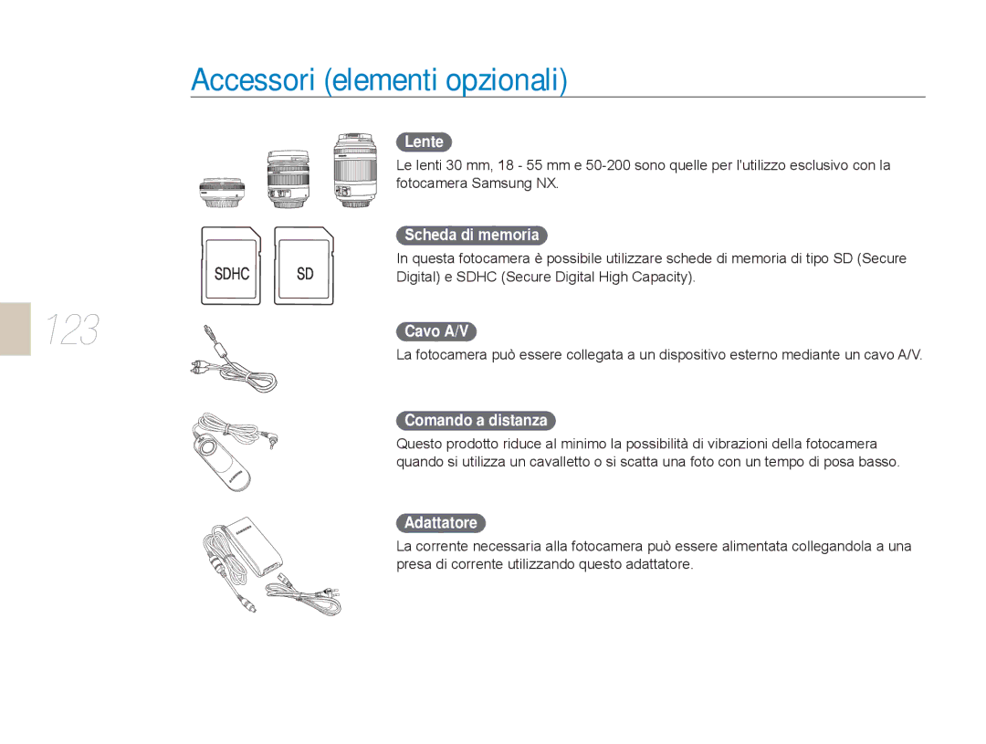 Samsung EV-NX5ZZZBABIT manual Accessori elementi opzionali, Lente, Scheda di memoria, Comando a distanza, Adattatore 