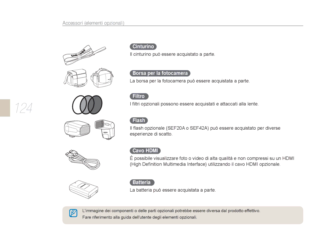 Samsung EV-NX5ZZZBABIT manual Accessori elementi opzionali 