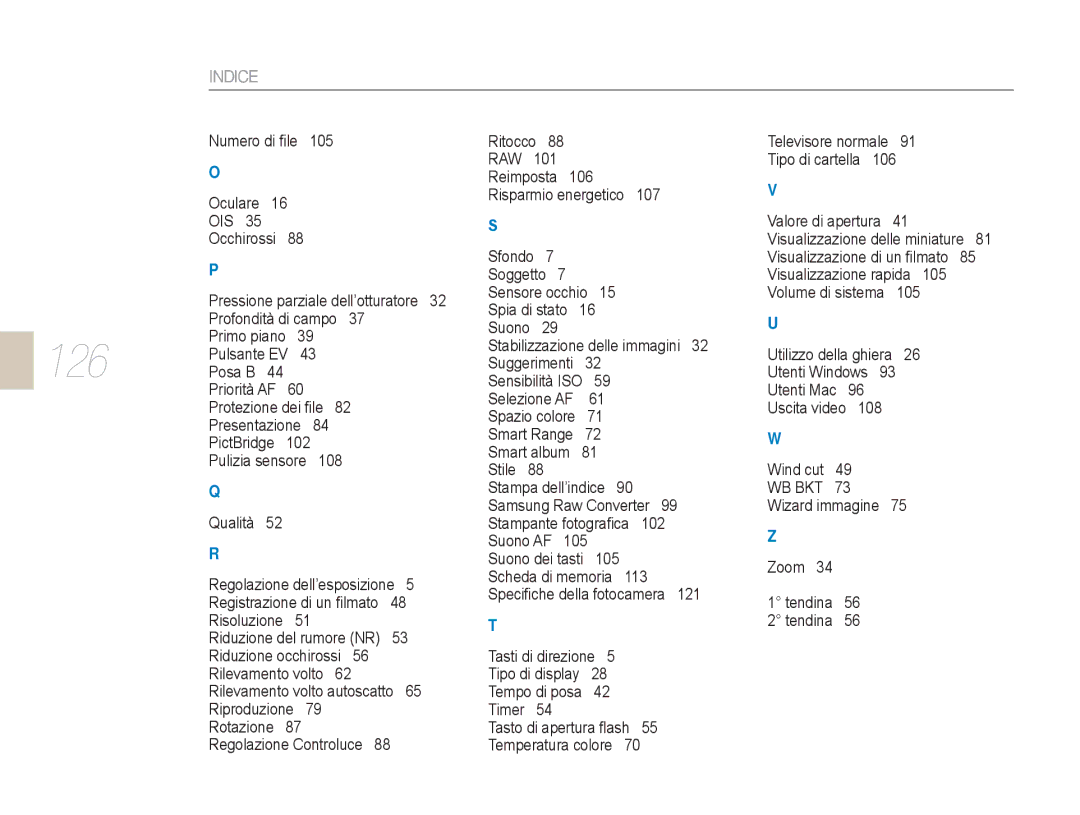 Samsung EV-NX5ZZZBABIT manual Selezione AF Spazio colore Smart Range Smart album Stile, Suono AF, 105, 113 