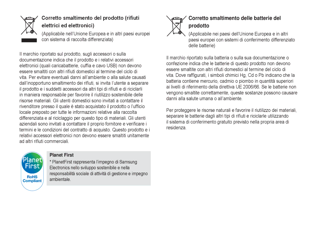 Samsung EV-NX5ZZZBABIT manual Corretto smaltimento delle batterie del prodotto, Planet First 