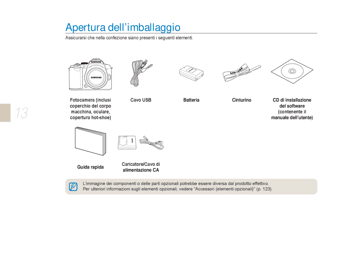 Samsung EV-NX5ZZZBABIT manual Apertura dell’imballaggio, Cavo USB Batteria Cinturino, Guida rapida 