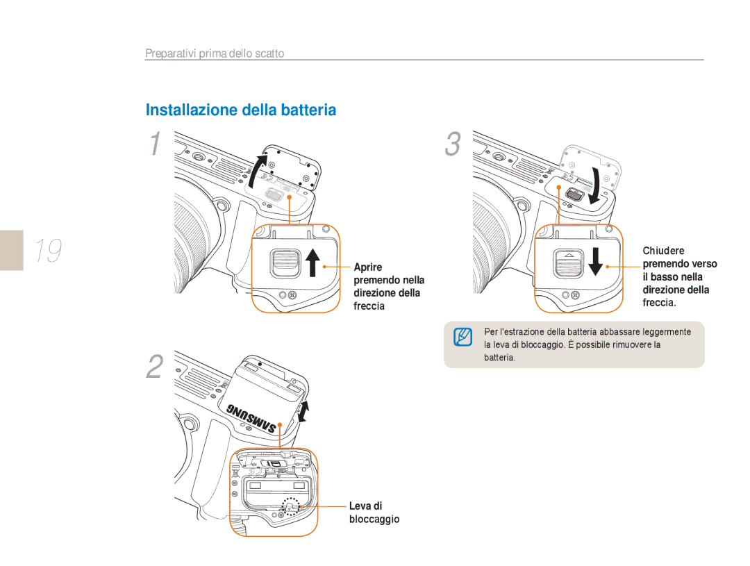 Samsung EV-NX5ZZZBABIT manual Installazione della batteria, Preparativi prima dello scatto, Chiudere, Leva di Bloccaggio 