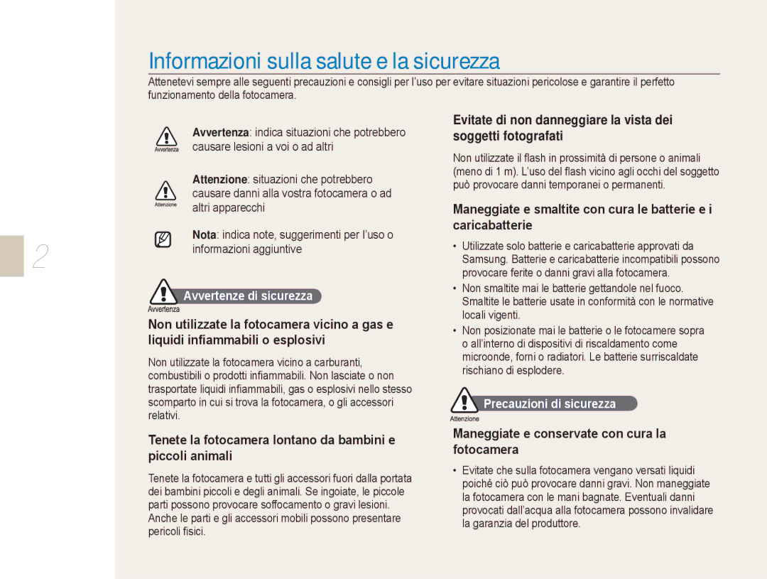 Samsung EV-NX5ZZZBABIT manual Tenete la fotocamera lontano da bambini e piccoli animali, Avvertenze di sicurezza 