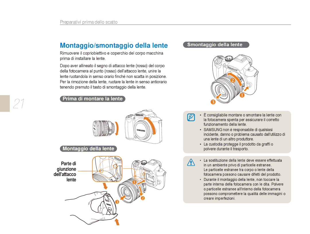 Samsung EV-NX5ZZZBABIT manual Montaggio/smontaggio della lente, Smontaggio della lente 