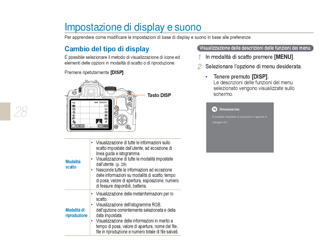 Samsung EV-NX5ZZZBABIT manual Impostazione di display e suono, Cambio del tipo di display, Tasto Disp 