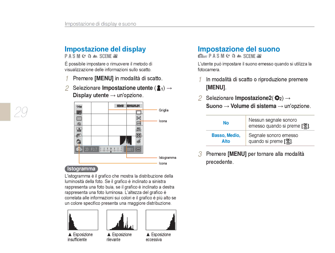 Samsung EV-NX5ZZZBABIT manual Impostazione del display Impostazione del suono, Impostazione di display e suono, Precedente 