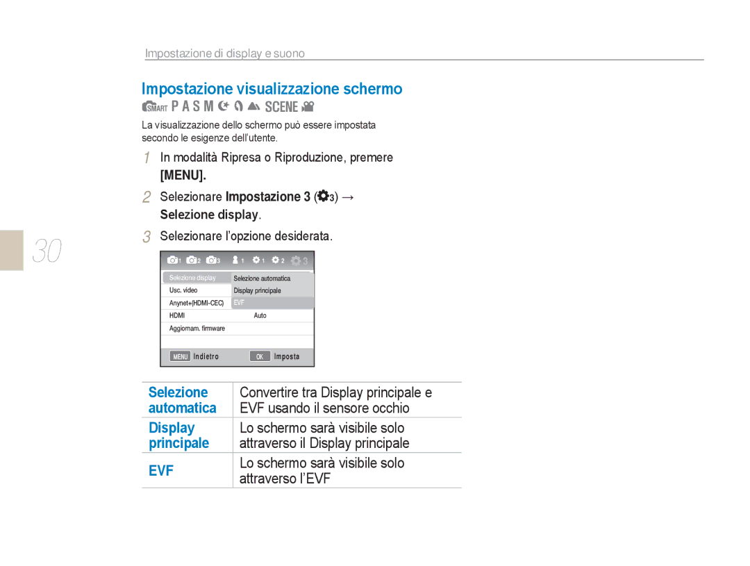 Samsung EV-NX5ZZZBABIT manual Impostazione visualizzazione schermo, Modalità Ripresa o Riproduzione, premere 