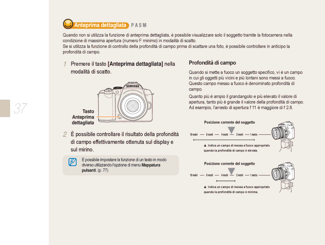 Samsung EV-NX5ZZZBABIT manual Profondità di campo, Tasto Anteprima dettagliata 