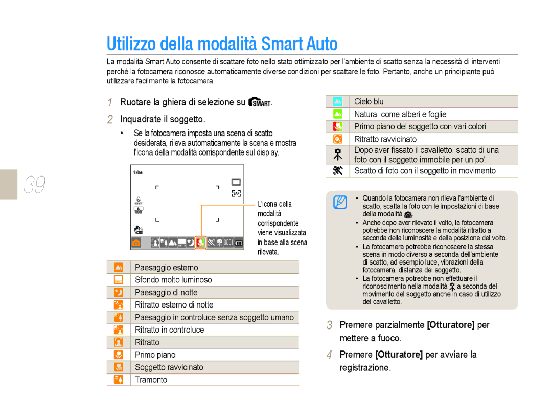 Samsung EV-NX5ZZZBABIT manual Utilizzo della modalità Smart Auto 