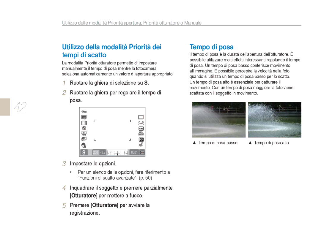 Samsung EV-NX5ZZZBABIT manual Utilizzo della modalità Priorità dei tempi di scatto, Tempo di posa, Posa 