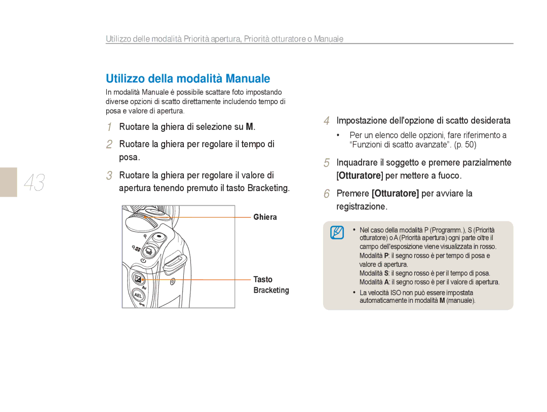 Samsung EV-NX5ZZZBABIT manual Utilizzo della modalità Manuale, Ruotare la ghiera di selezione su M, Ghiera, Tasto 