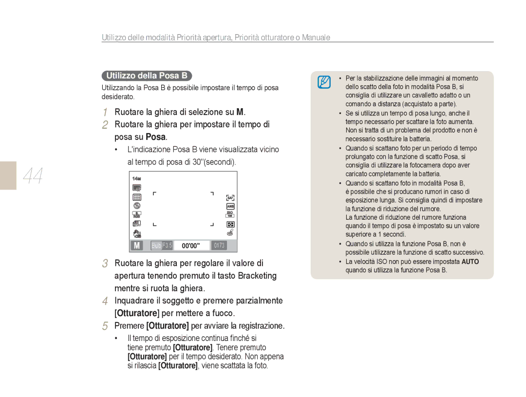 Samsung EV-NX5ZZZBABIT manual Premere Otturatore per avviare la registrazione, Utilizzo della Posa B 