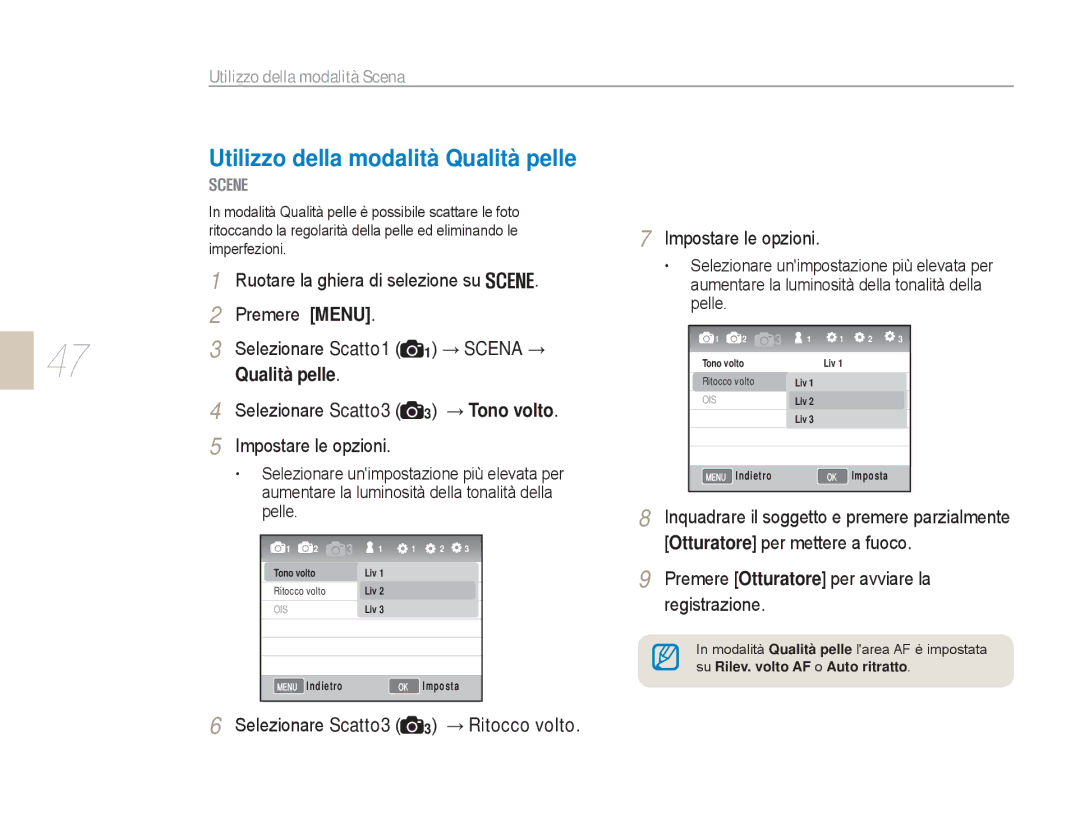 Samsung EV-NX5ZZZBABIT manual Utilizzo della modalità Qualità pelle, Utilizzo della modalità Scena 