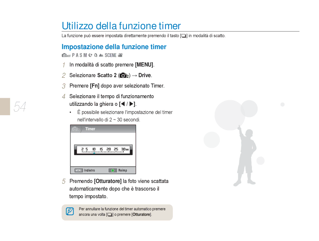 Samsung EV-NX5ZZZBABIT manual Utilizzo della funzione timer, Impostazione della funzione timer, Utilizzando la ghiera o W 