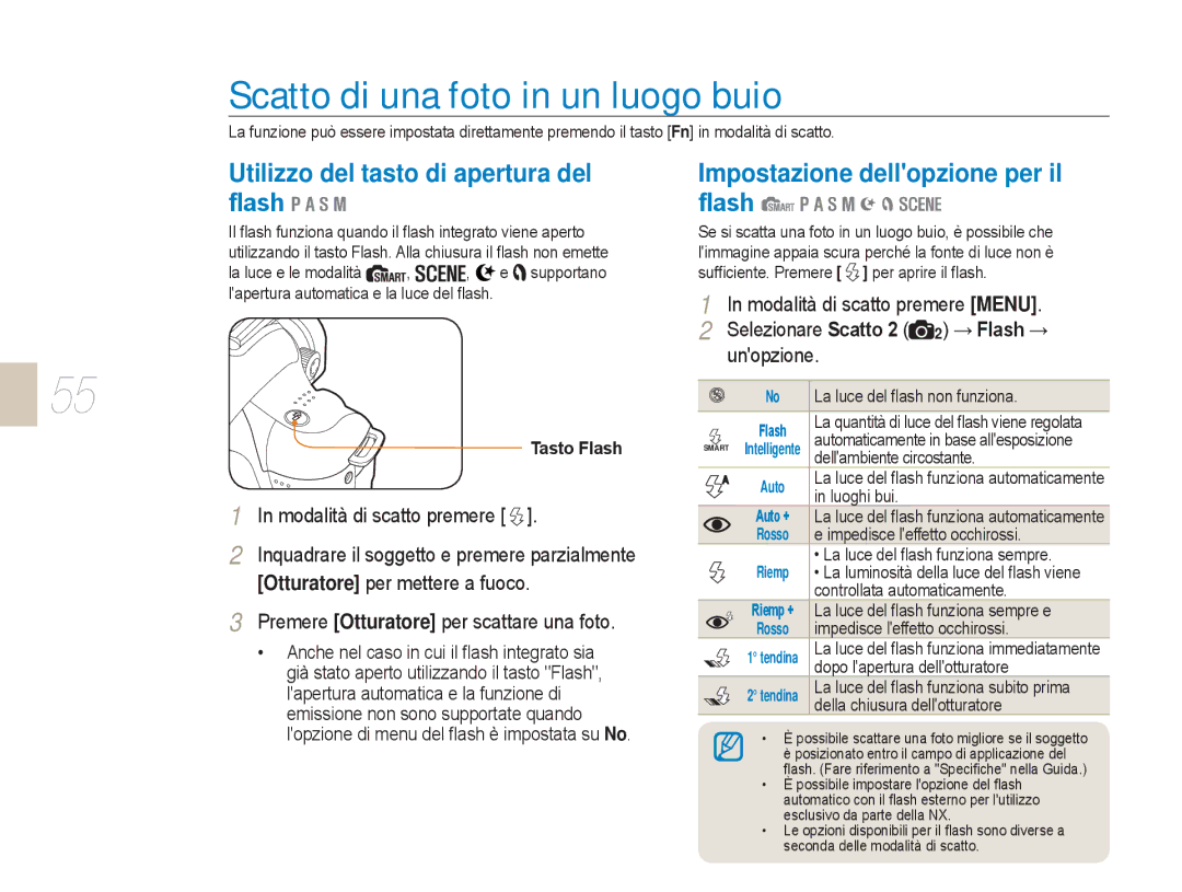 Samsung EV-NX5ZZZBABIT manual Scatto di una foto in un luogo buio, Utilizzo del tasto di apertura del ﬂash 