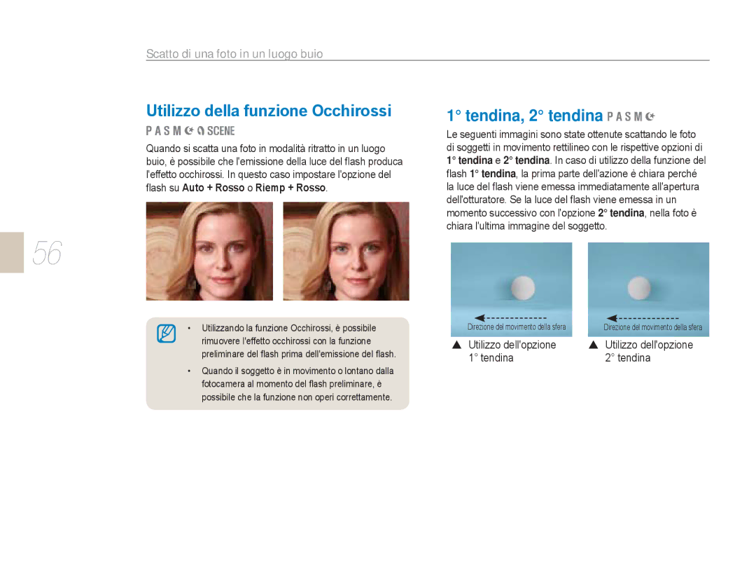 Samsung EV-NX5ZZZBABIT manual Utilizzo della funzione Occhirossi, Scatto di una foto in un luogo buio, Utilizzo dellopzione 