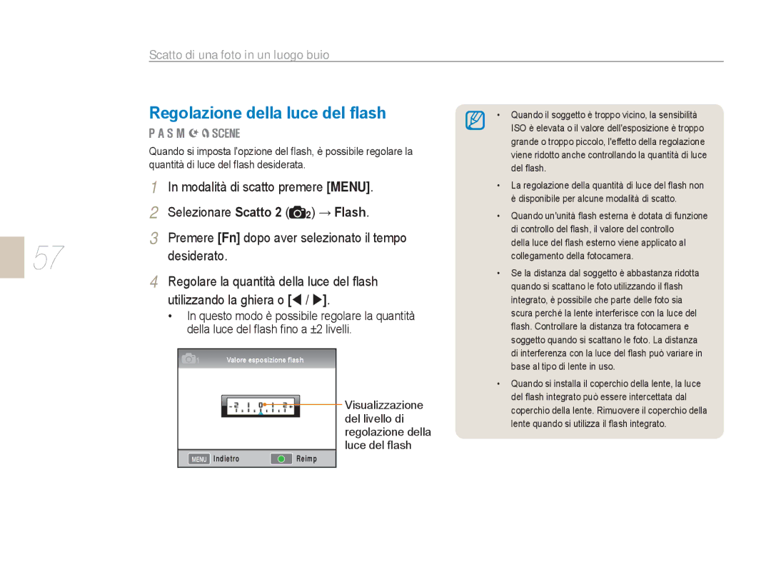 Samsung EV-NX5ZZZBABIT manual Regolazione della luce del ﬂash 