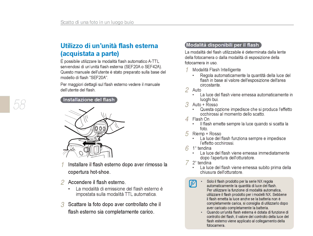 Samsung EV-NX5ZZZBABIT manual Utilizzo di ununità ﬂash esterna, Acquistata a parte 