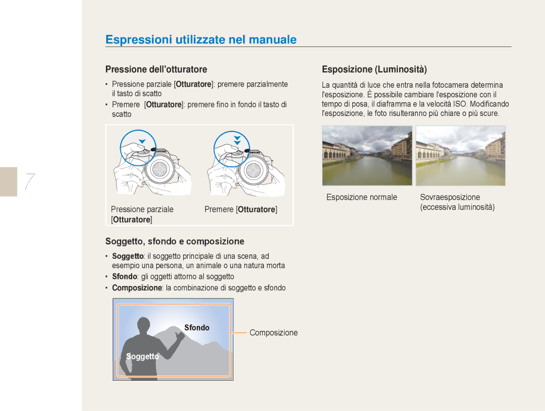 Samsung EV-NX5ZZZBABIT Espressioni utilizzate nel manuale, Pressione dellotturatore, Soggetto, sfondo e composizione 