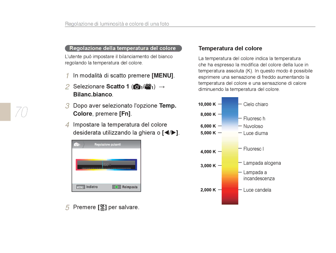 Samsung EV-NX5ZZZBABIT manual Dopo aver selezionato lopzione Temp, Colore, premere Fn, Impostare la temperatura del colore 