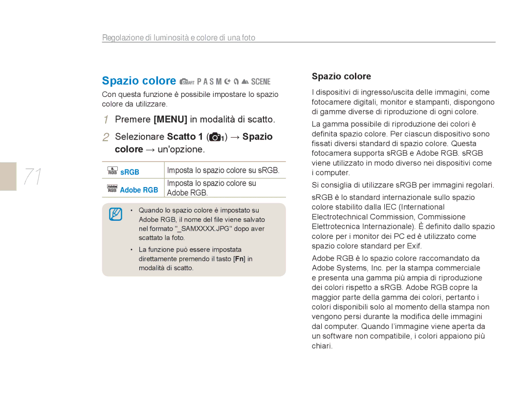 Samsung EV-NX5ZZZBABIT manual Spazio colore, Imposta lo spazio colore su, Adobe RGB 