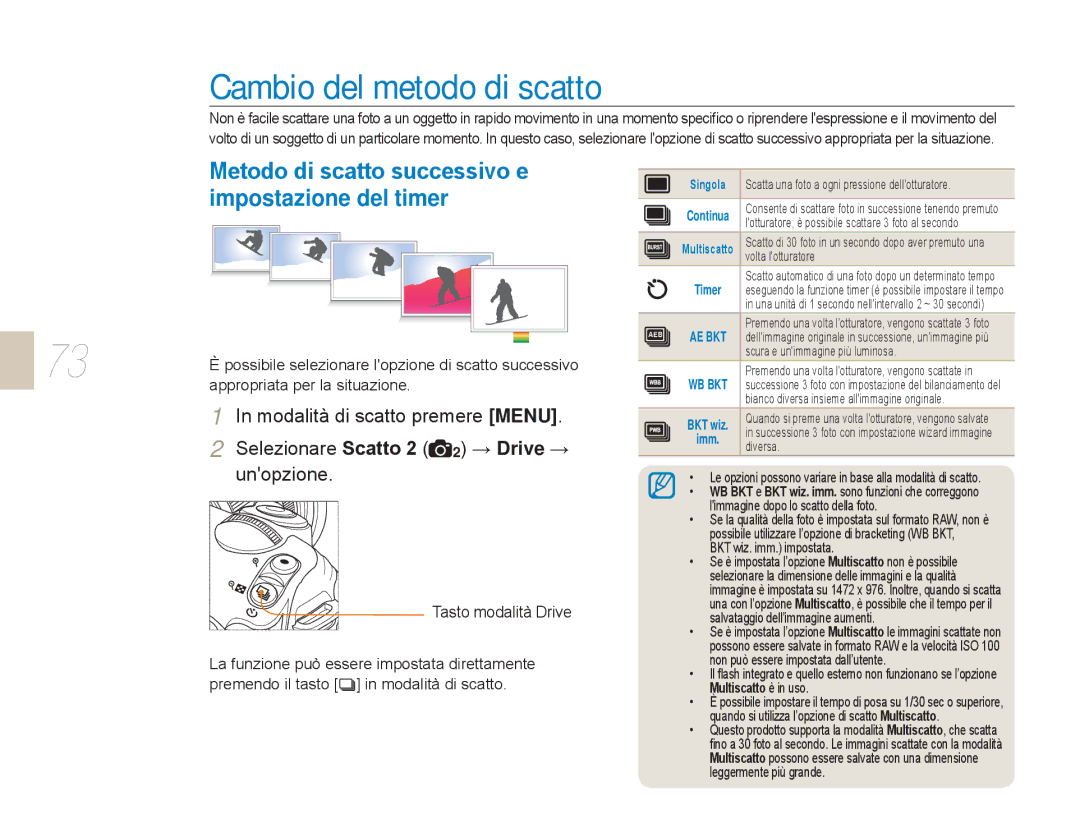 Samsung EV-NX5ZZZBABIT manual Cambio del metodo di scatto, Metodo di scatto successivo e, Impostazione del timer, → Drive → 